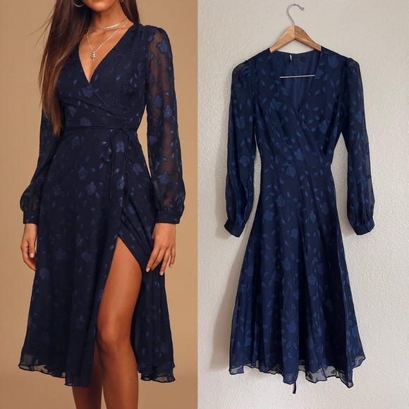 NWOT Evening of Elegance Navy Blue Floral Jacquard Wrap Midi Dress - Picture 1 of 7
